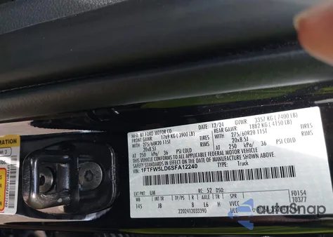 2025 Ford F150 Lariat из США, поврежденный, VIN 1FTFW5LD6SFA12240